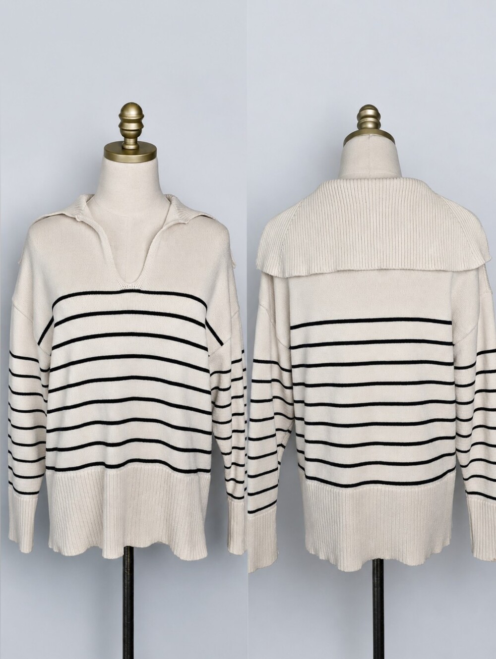 ZARA Ecru & Black Striped Oversized Polo Collar V Neck Sweater Size S